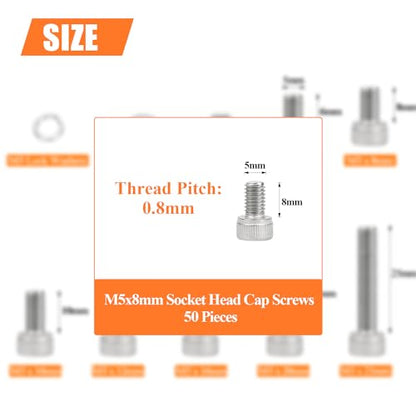 HELIFOUNER 50 Pieces M5 x 8mm, Thread Pitch 0.8mm, 304 Stainless Steel (18-8) Hex Socket Head Cap Screws, Fully Threaded - size: M5 x 8mm