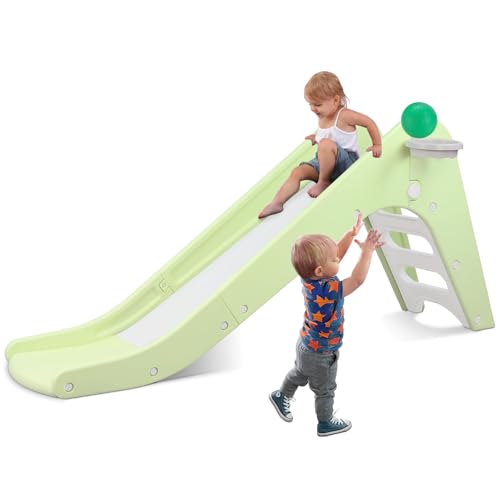 Toddler Indoor Slide, Foldable Baby Climber Playset with Basketball & Hoop | 63 in Extra Long Slope, Non-Slip Steps, Sturdy Plastic, Outdoor Playground for Backyard, Home & Playroom Use, Light Green - color: Light Green