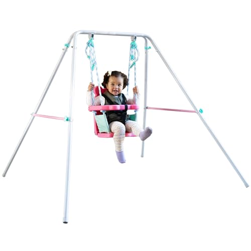 Sportspower My 1st Toddler Swing - Heavy-Duty Baby Indoor/Outdoor Swing Set with Safety Harness, Pink/Pale Green, 57" L x 56" W x 47" H - color: Pink/Pale Green