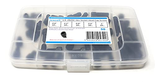 iexcell 50 Pcs SAE 1/4-20 x 3/8", 1/2", 5/8", 3/4", 1" Alloy Steel 12.9 Grade Hex Socket Head Cap Screws Bolts Assortment, Black Oxide Finish - size: 1/4-20 x 3/8", 1/2", 5/8", 3/4", 1"