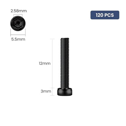 120pcs M3 x 12mm Hex Socket Head Cap Screws Bolts, 12.9 Grade Alloy Steel, Black Oxide Finish, Allen Socket Drive, Full Threads,with Hex Spanner - size: M3 x 12mm