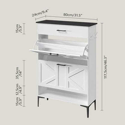 MAHANCRIS Shoe Cabinet with 2 Flip Drawers, Farmhouse Shoe Storage Cabinet for Entryway, Freestanding Narrow Shoe Organizer Cabinet with Adjustable Shelves for Entrance, Black and White SHBB20201