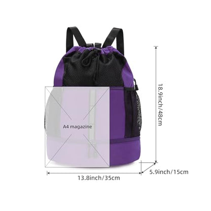 Valleycomfy Drawstring Gym Bag Sports Backpack With Shoe Compartment Purple | Reflective Strips Top Handle - color: Purple08