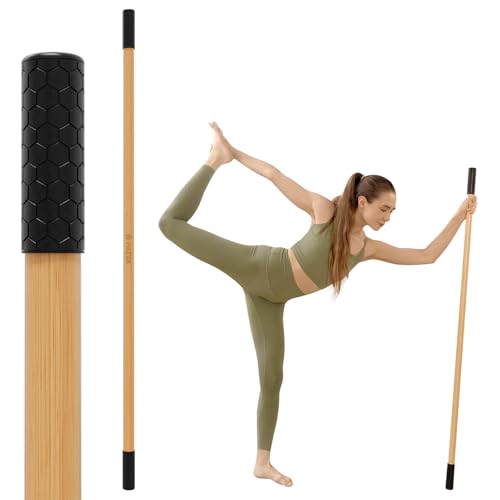 Yoga Stick for Stretching, 5ft Exercise Stick for Mobility & Flexibility, Bamboo Stretch Bar and Posture Pole with Non-Slip Grip - Includes Free Video Guide - color: Natural Bamboo