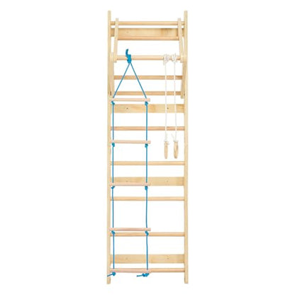 VEVOR Swedish Ladder Wall Gym, 4-in-1 8-Level Indoor Jungle Gym, 220LBS Loading Solid Wood Gymnastic Stall Bars, Indoor Playground Climbing Playset with Rings, Pull-Up Bar, Rope Ladder - style: 8-Level 4 in 1