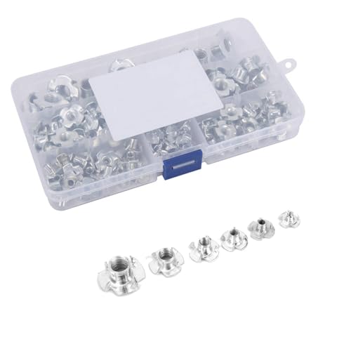 110pcs Galvanized T Nut Set, M10 M8 M6 M5 M4 M3 Four Claws Rive T Nuts Assortment Kit with Storage Box for Woodworking, Rock Climbing Holds, Cabinetry, and Furniture Applications Z