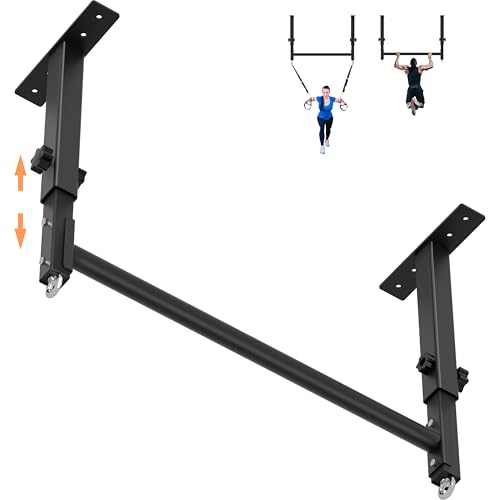 48" Ceiling Mount Pull Up Bar, Heavy Duty Multi-Grip Rafter Chin Up Bar for Garage/Basement/Backyard Ceiling Beam, Adjustable Height&Supports to 650 Lbs - color: Black