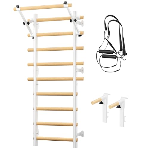 Swedish Ladder Wall Gym, Wooden Wall-Mounted Stall Bars with Pull-up Bar & Exercise Straps & Dip Bars, Stretching Ladder Full Body Home Gym Adults New - color: White