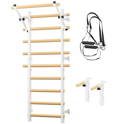 Swedish Ladder Wall Gym, Wooden Wall-Mounted Stall Bars with Pull-up Bar & Exercise Straps & Dip Bars, Stretching Ladder Full Body Home Gym Adults New - color: White