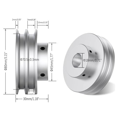 CHANCS Aluminum Alloy Double Groove Pulley 80mm OD 18mm Fixed Bore Pulley for Motor Shaft Drilling Machine 6mm(1/4") PU Round Belt - size: 80x18mm, style: Double Groove Pulley