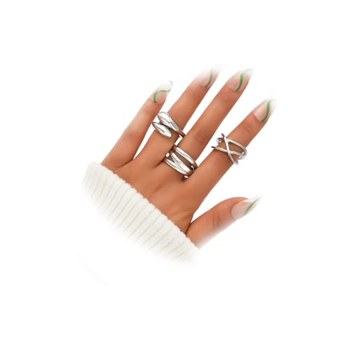 YEEZII Chunky Gold Rings for Women Non Tarnish, 18K Gold Plated Stackable Thumb Ring, Statement Women Rings Set - color: Silver-3Pcs