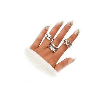 YEEZII Chunky Gold Rings for Women Non Tarnish, 18K Gold Plated Stackable Thumb Ring, Statement Women Rings Set - color: Silver-3Pcs