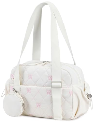 CAMTOP Mini Gym Bag for Women, Small Gym Tote Bag Puffy Quilted Sports Duffel Bag with Wet Compartment and Coin Purse Duffel Bags Dance Yoga Workout Bag for Gifts (White Pink Bow, Mini-12.6") - color: White Pink Bow, size: Mini-12.6"