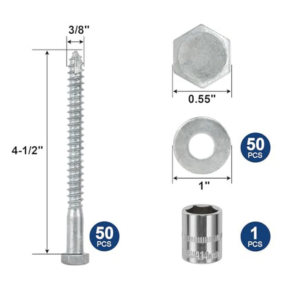 3/8" x 4-1/2" Lag Screws Bolts with Washers(50Pcs) | Hot Dip Galvanized Hex Head Lag Screws, Heavy Duty Lag Bolts for Wood, TV Mounts, Deck, Boat Repair - size: 3/8x4-1/2in