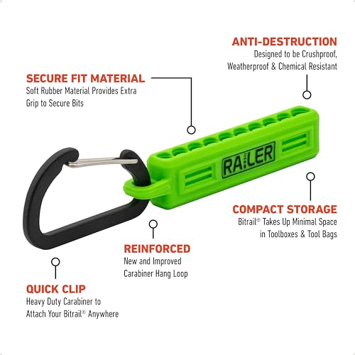 Screwdriver Bit Holder Storage Organizer – Railer 10-Hole Hi-Vis Green Bit Holder with Carabiner - 2 Pack - color: Hi-vis Green