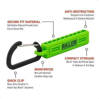 Screwdriver Bit Holder Storage Organizer – Railer 10-Hole Hi-Vis Green Bit Holder with Carabiner - 2 Pack - color: Hi-vis Green