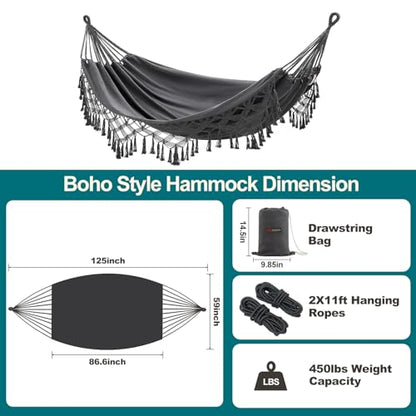 JoyView Boho Macrame Double Hammock with Hanging Ropes & Elegant Tassels 86.6x59 Portable Cotton Hammock for Patio Backyard Porch 450LBS Weight Capacity Perfect for Outdoor/Indoor - Dark Grey