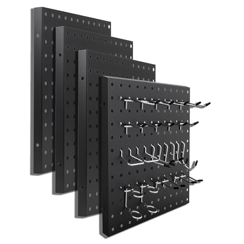 4PCS Heavy Duty Metal Pegboard Panels with 50 Hooks, 12x12 Inch Pegboard Wall Organizer for More Storage Space - color: Black with Hooks, size: 12x12inch