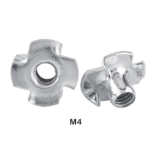 FLEXMAN Four Pronged T Nuts, Zinc Plated Carbon Steel Tee Nut 4 Claw Nut Assortment Kit for Rock Climbing Holds, Furniture, Cabinetry, Woodworking, Silver (M4 (50 Pieces/Package)) - size: M4 (50 pieces/package)