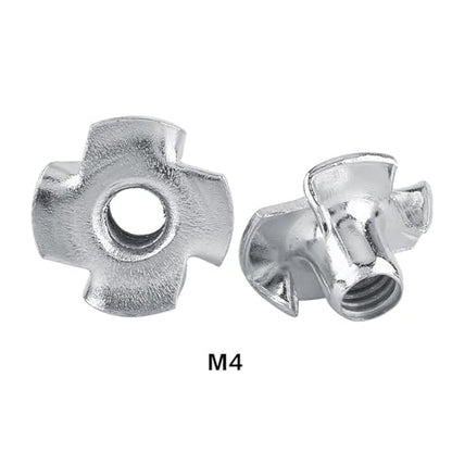 FLEXMAN Four Pronged T Nuts, Zinc Plated Carbon Steel Tee Nut 4 Claw Nut Assortment Kit for Rock Climbing Holds, Furniture, Cabinetry, Woodworking, Silver (M4 (50 Pieces/Package)) - size: M4 (50 pieces/package)