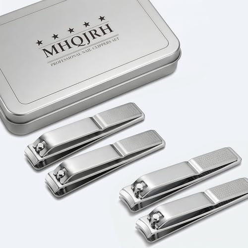 Large Nail Clippers Set for Thick Nails, Straight & Curved Edge | Heavy Duty Toenail Clippers,4 PCS Set Silver, Stainless Steel Fingernail & Toe Nail Clippers with File for Men Women Adults - color: Silver