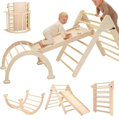 Pillowhale Extra‑Large Montessori Wooden Climbing Triangle Set—Foldable Toddler Gym Triangle, Climbing Ramp & Arch, Indoor Playground for Toddlers 12+ Months