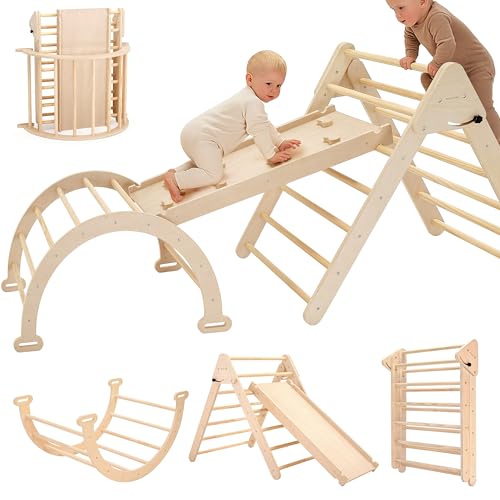 Pillowhale Extra‑Large Montessori Wooden Climbing Triangle Set—Foldable Toddler Gym Triangle, Climbing Ramp & Arch, Indoor Playground for Toddlers 12+ Months