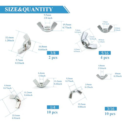 26 Pcs 4 Sizes 3/16",1/4",5/16",3/8" Wingnuts, Quality Carbon Steel Wing Nuts Sliver Zinc Plated Fasteners Parts Butterfly Nut, Hand Twist Tighten Hardware Nuts Butterfly Wing-Nut Assorted Kit - size: 4 Sizes (3/16", 1/4", 5/16", 3/8") - 26 Pcs