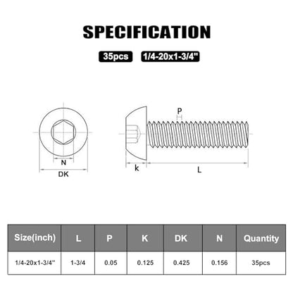 VGBUY 35Pcs 1/4-20 x 1-3/4" Button Head Socket Cap Bolts Screws, 304 Stainless Steel 18-8, Allen Hex Drive, Bright Finish, Fully Threaded, Hex Spanner Included (VG30309) - color: Silver, size: 1/4-20 x 1-3/4"