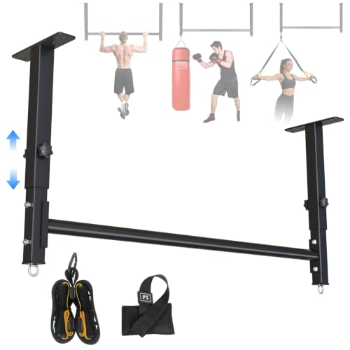 48" Ceiling Mount Pull Up Bar, Adjustable Height, 700LBS Capacity | Includes suspension trainer straps.For home gym,garage,basement.Ideal for pull ups & full body stretching.
