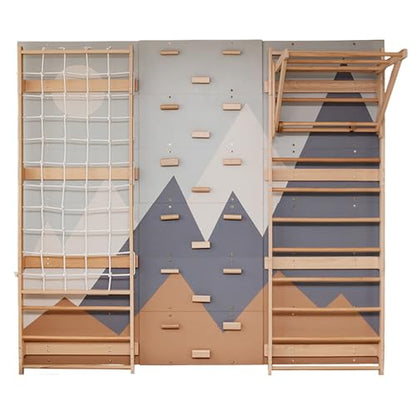 Wood And Hearts Modular Swedish Wall Gym Set for Kids Indoor Active Play – Wooden Swedish Ladder with Adjustable Pull-Up Bar, Rope Climbing Wall & Rock Climbing Panels (Base Set) - style: Base Set