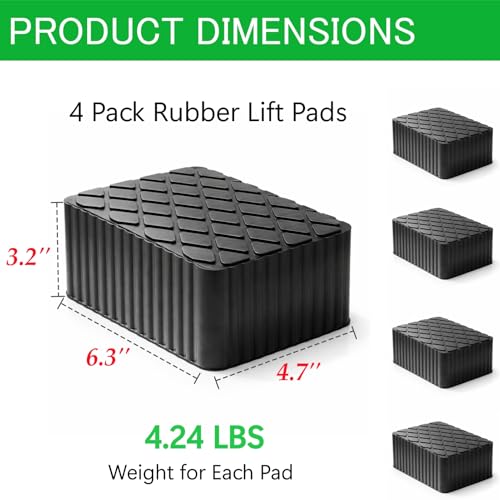 Anti-Skid Solid Rubber Auto Lift Pads – 4 Pack Heavy Duty Lift Blocks for Floor Jacks, Jack Stands & Car Lifts, 4000 Lbs Loading Capacity, 6.3" x 4.7" x 3.2" Size for Frame Protection - size: 6.3" x 4.7" x3.2"