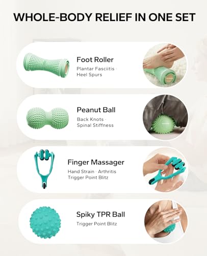 HAPBEAR Massage Ball Set (4 Piece) – Foot Roller, Peanut Ball, Spiky Release Balls, Finger Massager – Deep Tissue & Myofascial Release Kit for Muscle Soreness & Tension – Hot & Cold, with Storage Bag