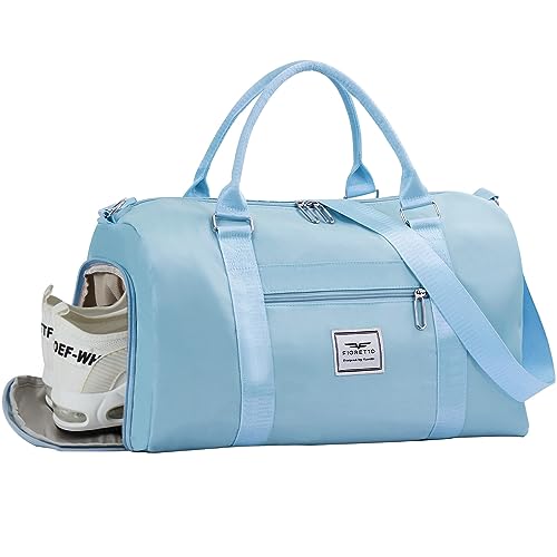 FIORETTO Womens Gym Tote Duffle Bag with Wet Pocket & Shoe Compartment, Sports Duffel Overnight Weekender Hospital Workout Carry on Bag for Girls, Ideal for Travel, Swimming, Dance, Ballet Light Blue - color: Light Blue, style: Gym Bag