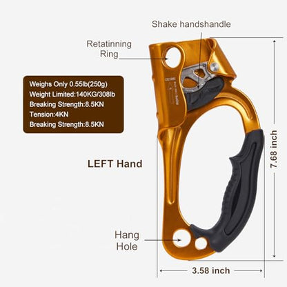 Hand Ascender, Rock Climbing Tree Arborist Rappelling Gear Equipment Rope Ascender Rope Clamp for 10~13MM Rope - color: Right Hand-Orange