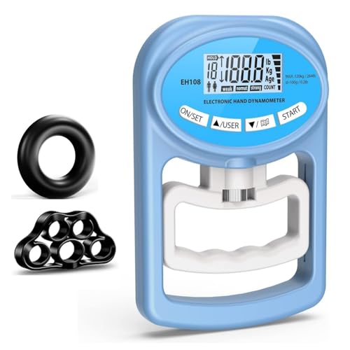 Grip Strength Tester, Hand Grip Dynamometer with Trainer | Digital Strength Gauge 265 Lbs/120 Kgs for Testing at Sports, Home & School, Including Exercisers for Hand & Forearm Training - color: Blue