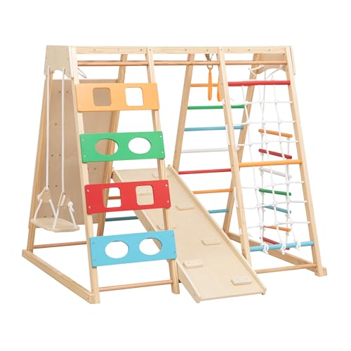 9-in-1 Toddler Indoor Jungle Gym & Playground Set, Wooden Climbing Toy with Slide, Swing, Climbing Net, Rings – Montessori-Inspired Kids Playset for Indoor Fun & Development, Ages 3-8 - size: 9-in-1 Colorful
