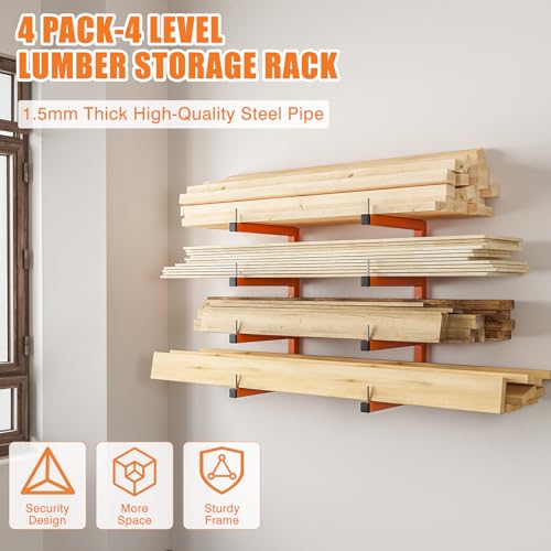 4-Pack Lumber Storage Rack, Wood Storage Racks Wall Mount, Heavy Duty Garage Wood Organizer With 8-Level System, Orange Utility Rack Organization Up 1600 Lbs, Metal Lumber Shelf for Indoor & Outdoor - style: E– 4 Pack, 8-Tier