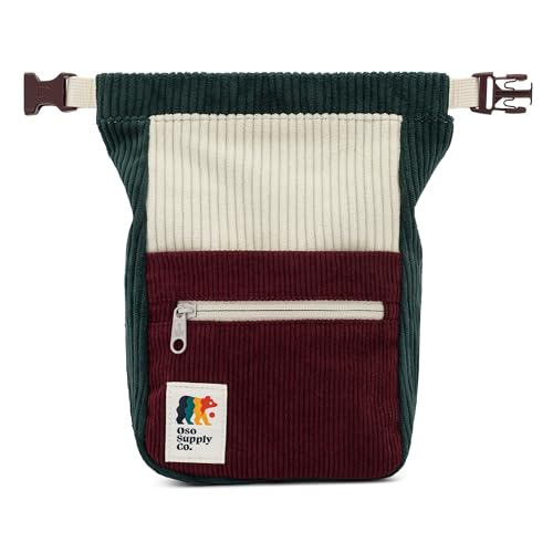 Oso Supply Co - Retro Corduroy Bouldering Bucket, Large Size Freestanding Chalk Bag for Rock Climbing, Magnetic Roll Down Closure, Dual Brush Loops, Zippered Pockets and Pouch - color: Maroon and Pine Green