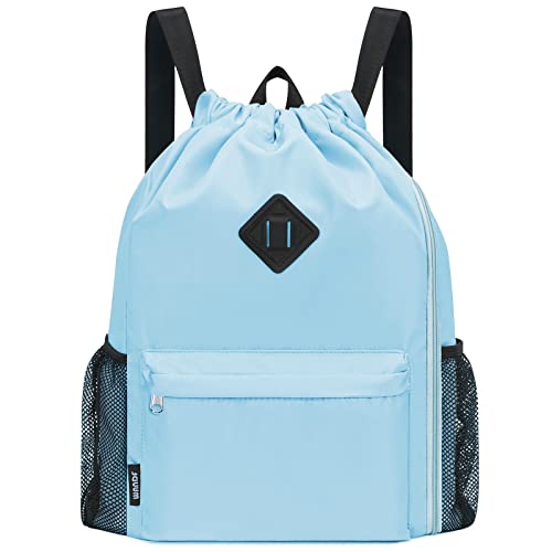 WANDF Drawstring Backpack with Shoe Compartment, Sports Gym Bag | Multi-Pocket Storage, Water-Resistant Fabric, Cinch String Bag - color: L, Light Blue, size: Large