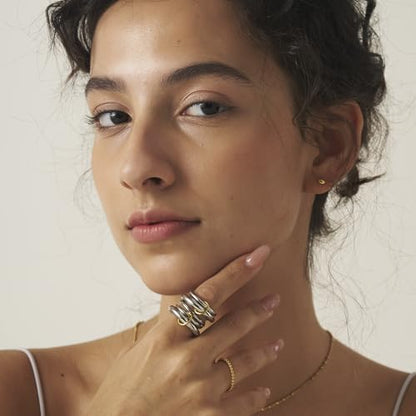 Shapes Studio Trio Linked Ring, stackable Ring, Minimalism style for women, Never Tarnish - size: 8, style: Five Band (Five Silver Two Thick Silver)