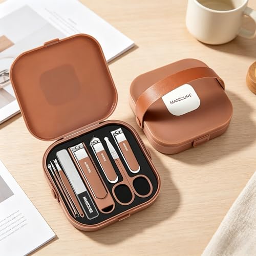 8-in-1 Manicure Pedicure Set,Professional Nail Clipper Kit with Upgraded Splash-Proof Nail Cutters,Stainless Steel Nail Care Tools with Brown Portable Travel Case for Men & Women(Brown)