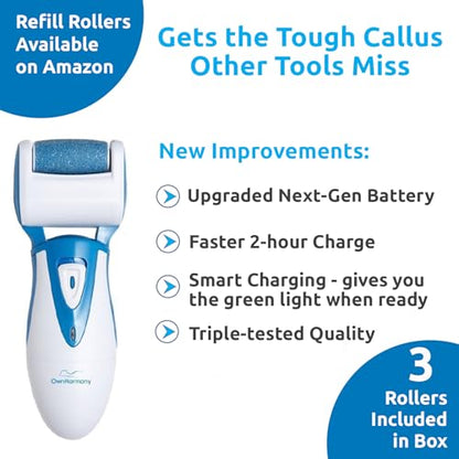 Electric Callus Remover: Rechargeable Electronic Foot File CR900 by Own Harmony (Powerful Motor) Best Pedicure Tools w 3 Rollers Professional Pedi Feet Care Sander for Cracked Heels and Hard Skin - color: Blue