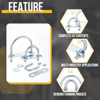 DTGN M6x42x61mm U Bolts Round Kit - 4Set - Carbon Steel U-Bolt Kit with Nuts, Washers, Frame Plate - Good for Pipe, Trailer, Automotive, Leaf Spring Fastener - size: M6x42x61mm