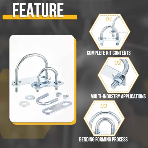 DTGN M6x50x70mm U Bolts Round Kit - 4Set - Carbon Steel U-Bolt Kit with Nuts, Washers, Frame Plate - Good for Pipe, Trailer, Automotive, Leaf Spring Fastener - size: M6x50x70mm