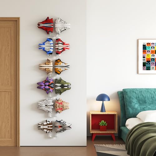 YOWOS Wall Mounted Shoe Rack, 6 Pack Floating Sneaker Display Shelf, Iron Wall Shoe Holder for Shoes, Boots, Heels, Space Saving Organizer (Black/White) (White) - color: White