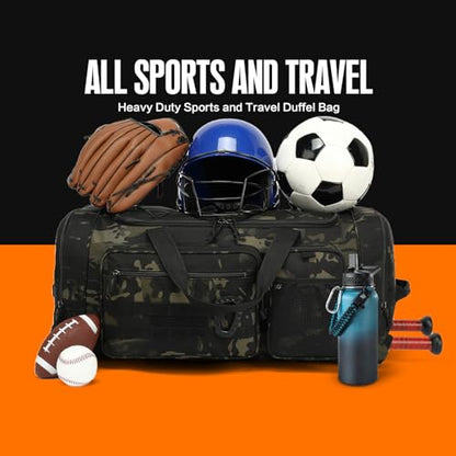 TUGUAN Large Baseball Softball Duffle Bag, 3 in 1 Baseball Equipment Duffel Backpack for Adult Youth, 65L Bat Bag with Shoes Compartment - 2 Bat Sleeves Fence Hook Hidden Dual Straps - color: Camo