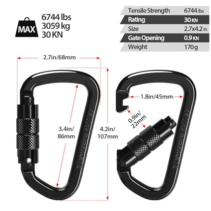 30KN Auto Locking Carabiner Clip Twist Lock Heavy Duty Carabiner for Climbing Rock Tree Rappelling Mountaineering Rescue Arborist Aerial Large Carabiners,D-Shaped,2PACK
