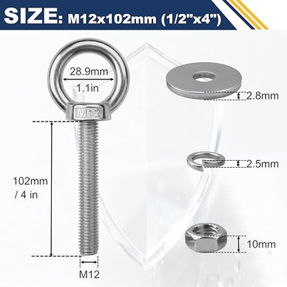 4 Pack M12 Stainless Steel Eye Bolts with Nuts, 1/2" x 4" Eye Bolts | 304 Stainless Steel Eye Bolt,Eye Bolts Heavy Duty for Hang Tie Down Outdoor,1/2 eye bolts with nuts,m12 eye bolts - size: M12x102mm (1/2"x4")