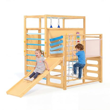 Jungle Gym with Slide, Rock Wall, Wood ＆ Rope Ladder, Monkey Bars, Gym Rings
